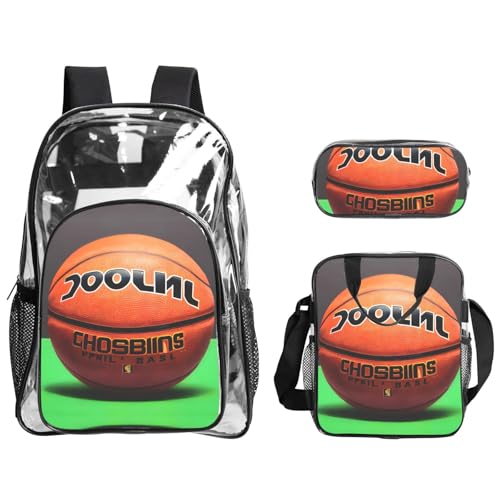 XZDAL Transparenter PVC-Basketball-Hintergrund, Rucksack, Lunchtasche, Federmäppchen, Set, leicht, für Reisen, Arbeit von XZDAL