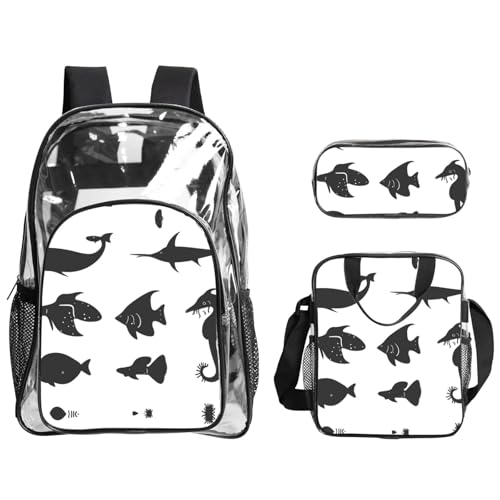 XZDAL Transparenter PVC-Rucksack mit Fisch-Motiv, Schwarz und Weiß, Federmäppchen-Set, leicht, für Reisen, Arbeit von XZDAL