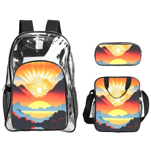 XZDAL Transparenter PVC-Rucksack mit Sonnenaufgang und Federmäppchen, leicht, für Reisen und Arbeit von XZDAL