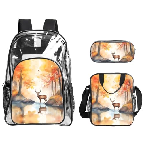 XZDAL Transparentes PVC Schöne Hirsch Rucksack Lunch Tasche Federmäppchen Set, Leicht für Reisen Arbeit von XZDAL