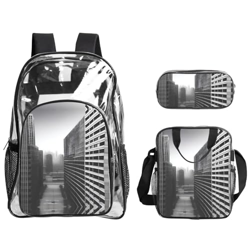 XZDAL Transparentes PVC aUrban Horizon Rucksack Lunchtasche Federmäppchen Set, leicht für Reisen Arbeit von XZDAL
