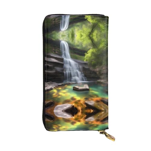 XZDAL Wasserfall-Views modische Leder-Clutch-Geldbörse mit Kartenfächern, Bargeldfach und Münzfach mit Reißverschluss von XZDAL