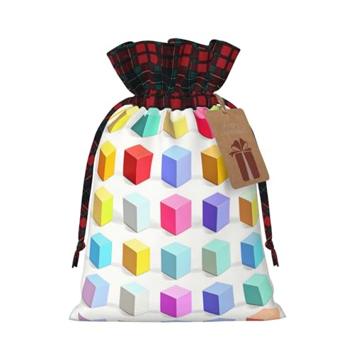 XZDCAL Colorful Cubes Premium-Jute-Geschenktasche mit Kordelzug und Tartan-Stoff und Kraftpapieranhänger für Festivals und besondere Anlässe, Schwarz , M von XZDCAL