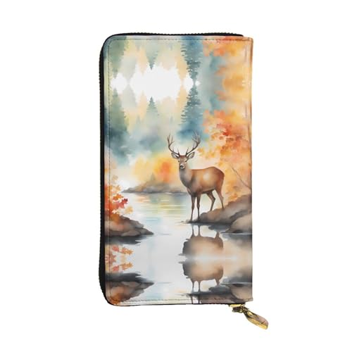 XZDCAL Deer by the River Modische Leder Lange Clutch Geldbörse für Mädchen und Frauen mit mehreren Fächern Schwarz One Size, Schwarz , Einheitsgröße von XZDCAL