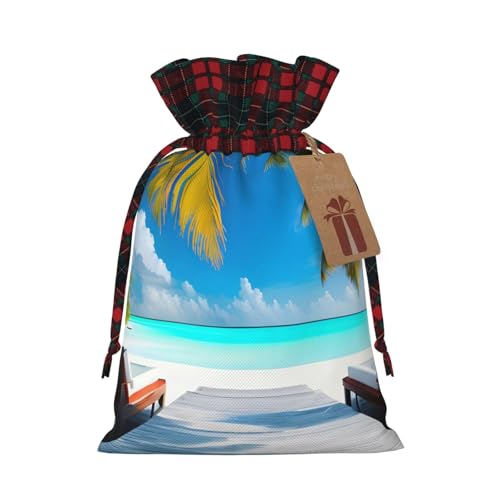 XZDCAL Maldives Holidays Premium Jute Drawstring Gift Bag with Tartan Fabric and Kraft Paper Tag for Festivals and Special Occasions, Schwarz , M von XZDCAL
