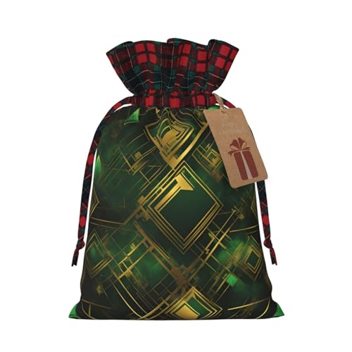 XZDCAL Schwarze und grüne karierte Premium-Jute-Geschenktasche mit Kordelzug und Tartan-Stoff und Kraftpapieranhänger für Festivals und besondere Anlässe, Schwarz , M von XZDCAL
