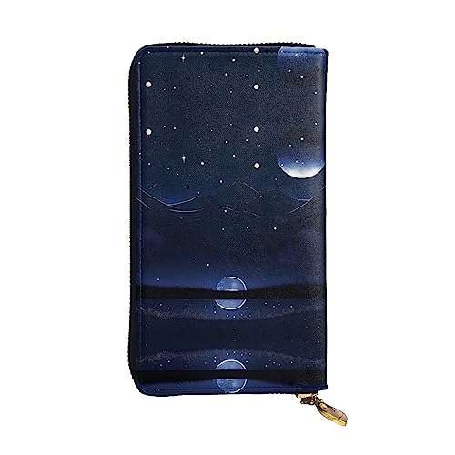 XZDCAL Serene Blue Night View Modische Leder Lange Clutch Geldbörse für Mädchen und Frauen mit mehreren Fächern, Schwarz, Einheitsgröße, Schwarz , Einheitsgröße von XZDCAL
