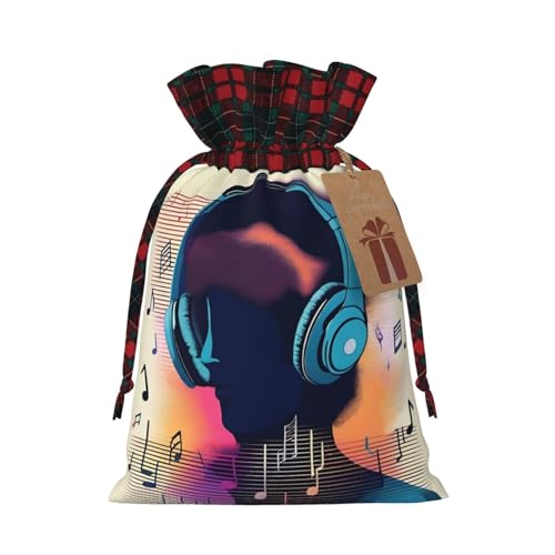 XZDLXJ Eine Jute-Tasche mit Kordelzug von Music Vibes mit kariertem Stoff und Kraftpapieranhänger, Schwarz , M von XZDLXJ