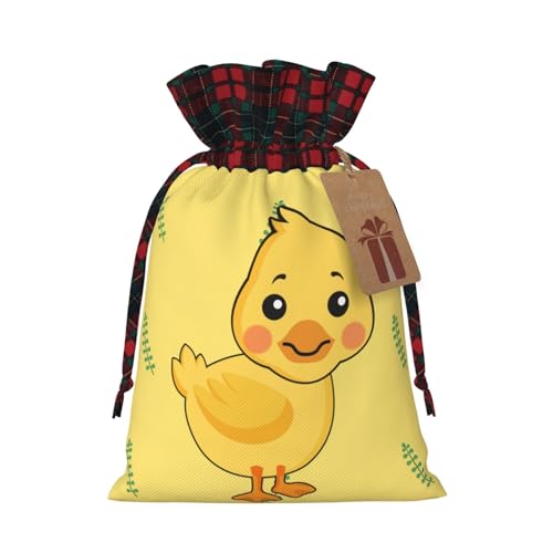 XZDLXJ Jutebeutel mit Kordelzug, Cartoon-Ente mit kariertem Stoff und Kraftpapieranhänger, Schwarz , M von XZDLXJ
