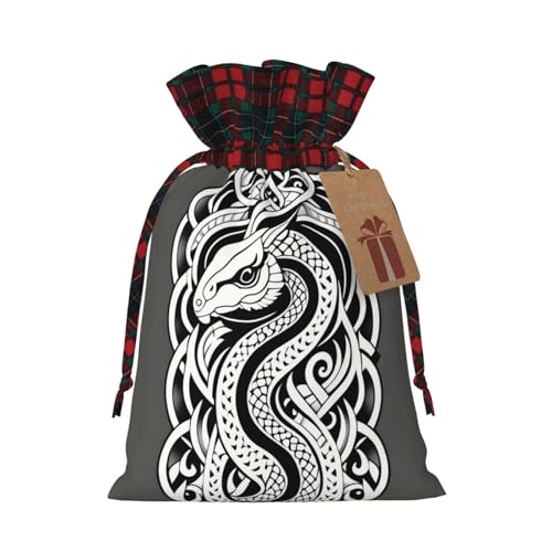 XZDLXJ Jutebeutel mit Kordelzug und Schlange oder Drache, karierter Stoff und Kraftpapieranhänger von XZDLXJ