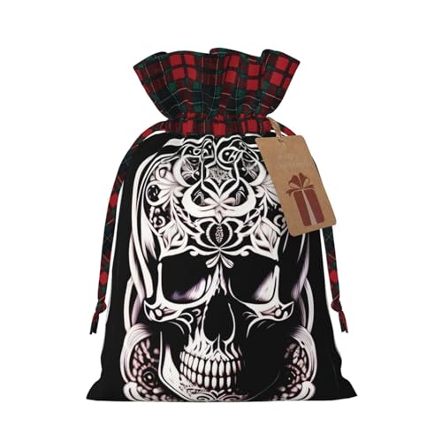 XZDLXJ Jutebeutel mit Totenkopf mit Verzierungen und Kordelzug aus kariertem Stoff und Kraftpapieranhänger von XZDLXJ
