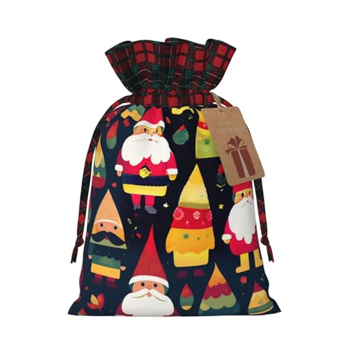 XZDLXJ Jutebeutel mit Weihnachtsmann mit langem Hut, Kordelzug, karierter Stoff und Kraftpapieranhänger, Schwarz , M von XZDLXJ