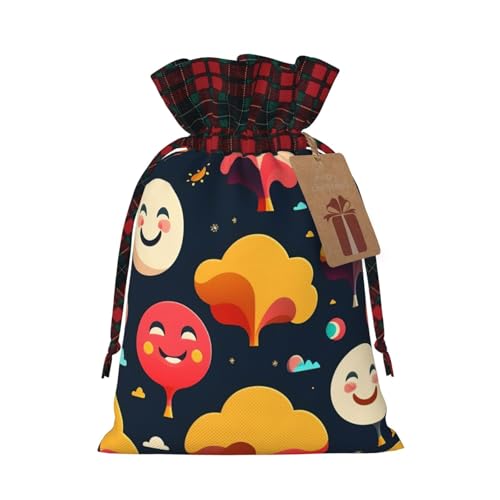 XZDLXJ Jutebeutel mit lächelndem Gesicht und Baum mit Kordelzug und kariertem Stoff und Kraftpapieranhänger, Schwarz , M von XZDLXJ
