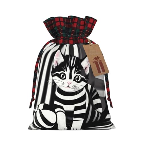 XZDLXJ Schwarz-weiß gestreifter Jutebeutel mit Kordelzug und kariertem Stoff und Kraftpapieranhänger, Schwarz , M von XZDLXJ