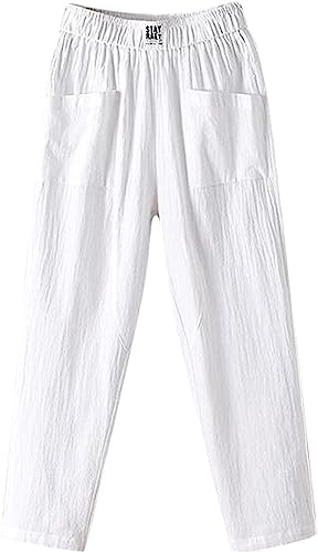 Lässige Damen-Caprihose aus Leinen mit weitem Bein, Strand-Capri for Damen, hohe Taille, Kordelzug aus Baumwollleinen (Color : White, Size : XXL) von XZEIT