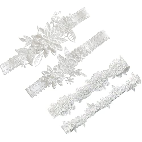 XZEIT 4 Stücke Hochzeitsstrumpfband für Bräute, Braut Spitze Bein Strumpfband, Blume Spitze Elastische Weiß Strumpfbänder, Geeignet für Bräute, Brautjungfern, Hochzeiten, Alltagsdekoration (Weiß) von XZEIT