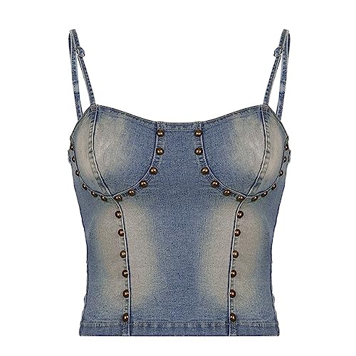 XZEIT Damen Denim Korsett Crop Top Spaghettiträger gebunden rückenfrei Jean Tank Weste Tops Nieten Crop Top Mini Weste Frauen (Color : Blue, Size : L) von XZEIT