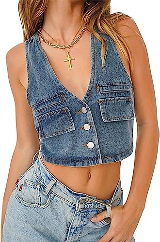 XZEIT Damen-Jeansweste, Damen-Denim-Unterhemd, Korsett, Bustier, ärmellos, Bauchfreies Tank-Top, Spaghettiträger, rückenfreie Weste (Color : Blue, Size : M) von XZEIT