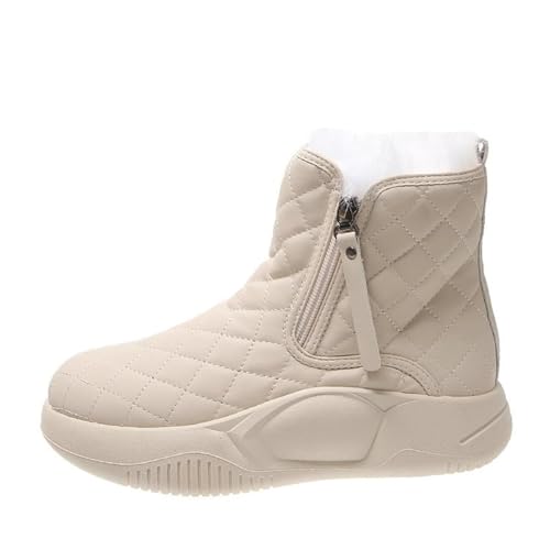 XZEIT Damen Warme Dicke Sohlen Schneestiefel, Frauen High Top Dicke Sohle Schneestiefel Pelz Gefüttert Leder rutschfeste Schneestiefel, beige, 38 EU von XZEIT