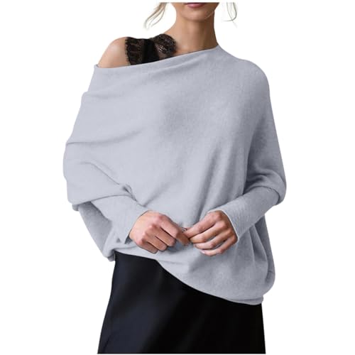 XZEIT Damen Winter Asymmetrisch Drapiert Lose Pullover Fledermaus Rundhals Schulterfrei Strickpullover Casual Pullover Sweater, Hellgrau, Einheitsgröße von XZEIT