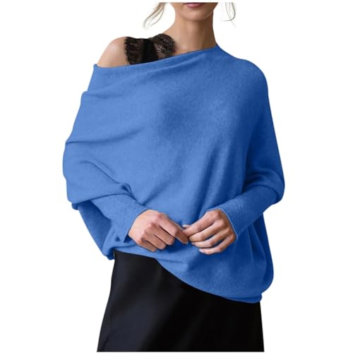 XZEIT Damen Winter Asymmetrisch Drapiert Lose Pullover Fledermaus Rundhals Schulterfrei Strickpullover Casual Pullover Sweater, blau, One size von XZEIT