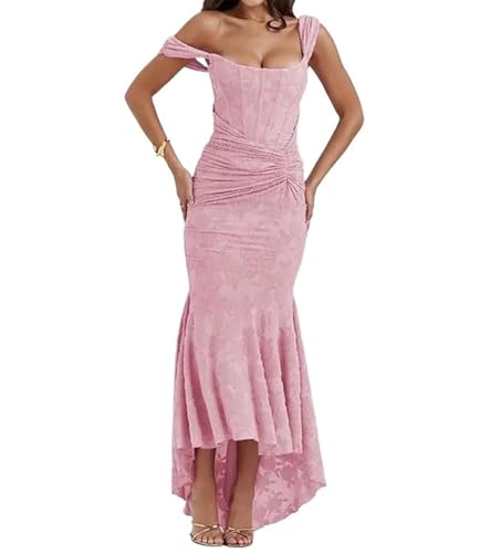 XZEIT Frauen Backless Plissee Halfter Kleid Damen Weg Schulter Ärmellose Dünne Kleider Weibliche Party Club Vestidos (Color : Pink, Size : Medium) von XZEIT