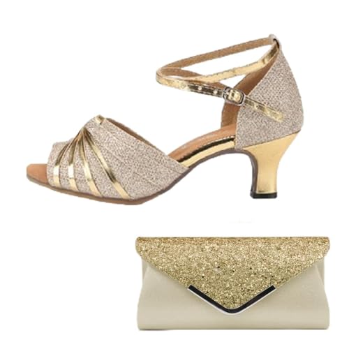 XZEIT Frauen lateinische Schuhe und Clutches & Evening Bag Set Prom Professional Rumba Pailletten Absatz Ferse Color High Heel Peep Toe Schnallen Sie Erwachsene.,Gold,38 von XZEIT