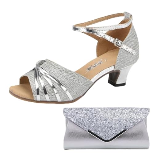 XZEIT Frauen lateinische Schuhe und Clutches & Evening Bag Set Prom Professional Rumba Pailletten Absatz Ferse Color High Heel Peep Toe Schnallen Sie Erwachsene.,Silber,41 von XZEIT