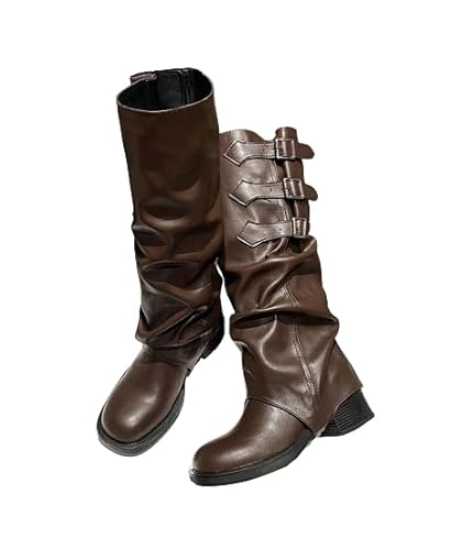 XZEIT Neue lange Ritterstiefel, quadratische Zehen-Hosenstiefel, Zwei-Wear-Cowboystiefel, dicke Sohle, hohe Stiefel, abnehmbare Snap-Off-Panel-Ritterstiefel, 5 cm,Braun,42 von XZEIT