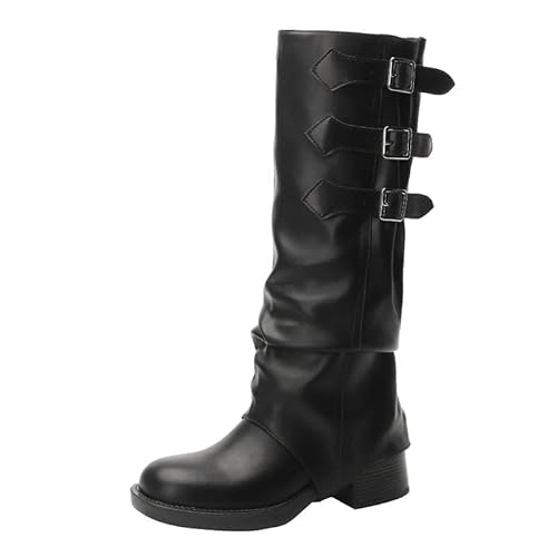 XZEIT Neue lange Ritterstiefel, quadratische Zehen-Hosenstiefel, Zwei-Wear-Cowboystiefel, dicke Sohle, hohe Stiefel, abnehmbare Snap-Off-Panel-Ritterstiefel, 5 cm,Schwarz,42 von XZEIT