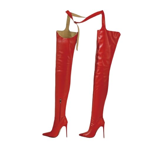 XZEIT Oberschenkelhohe Stiefel Strip Club über dem Knie spitzer Zehenbereich Stiefel mit hohen Absätzen und Gürtel Stripper-Stiefel mit Reißverschluss Seidenband-Einstellung 11,5 cm,Rot,45 EU von XZEIT
