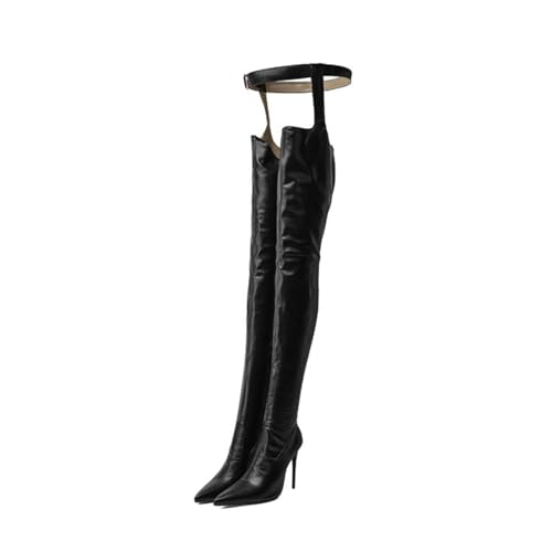 XZEIT Oberschenkelhohe Stiefel Strip Club über dem Knie spitzer Zehenbereich Stiefel mit hohen Absätzen und Gürtel Stripper-Stiefel mit Reißverschluss Seidenband-Einstellung 11,5 cm,Schwarz,38 EU von XZEIT