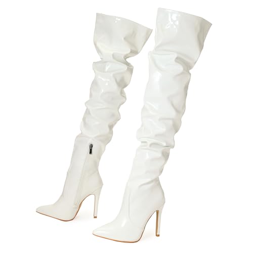 XZEIT Overknee-Stiefel kniehohe Damenstiefel PU-Oberschenkelhohe Stiefel lange Stiefel für Frauen spitzer Zehenbereich Stiletto-Absatz kniehohe Stiefel mit seitlichem Reißverschluss,Weiß,38 EU von XZEIT