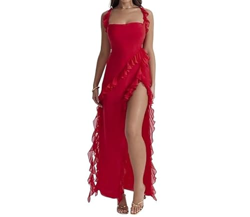 XZEIT Rüschen Schlank Bodycon Hohl Kleider Frauen Sommer Urlaub Strand Langes Kleid Spaghetti Strap Party Kleider (Color : Red, Size : XX-Large) von XZEIT