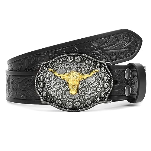 Western Leder Gürtel für Herren Damen Floral graviert Cowboy Schnalle Gürtel Longhorn Stier Schnalle Taillegürtel,Schwarz,S von XZQTIVE