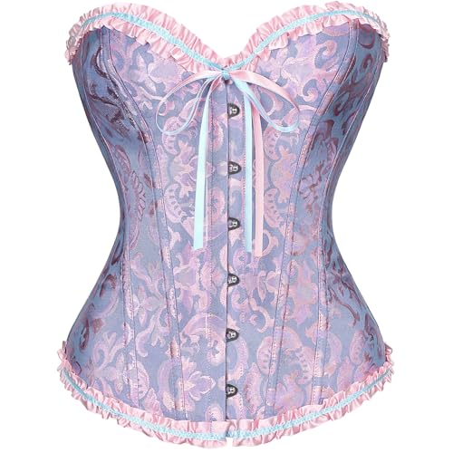 XZQTIVE Damen Bustier Korsett Spitze Up Boned Overbust Bustier Gothic Corsage Dessous Top,Blau Rosa,XXL von XZQTIVE