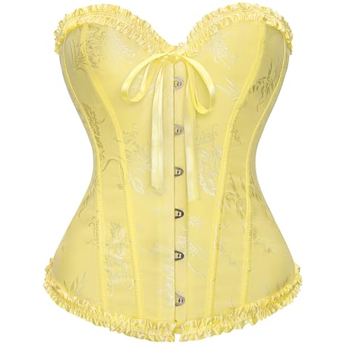 XZQTIVE Damen Bustier Korsett Spitze Up Boned Overbust Bustier Gothic Corsage Dessous Top,Gelb,S von XZQTIVE
