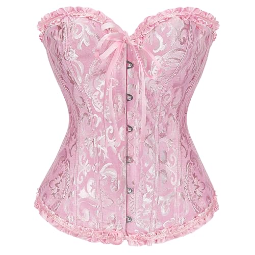 XZQTIVE Damen Bustier Korsett Spitze Up Boned Overbust Bustier Gothic Corsage Dessous Top,Rosa,XXL von XZQTIVE