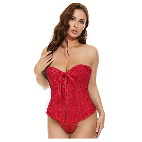 XZQTIVE Damen Bustier Korsett Spitze Up Boned Overbust Bustier Gothic Corsage Dessous Top,Rot,S von XZQTIVE