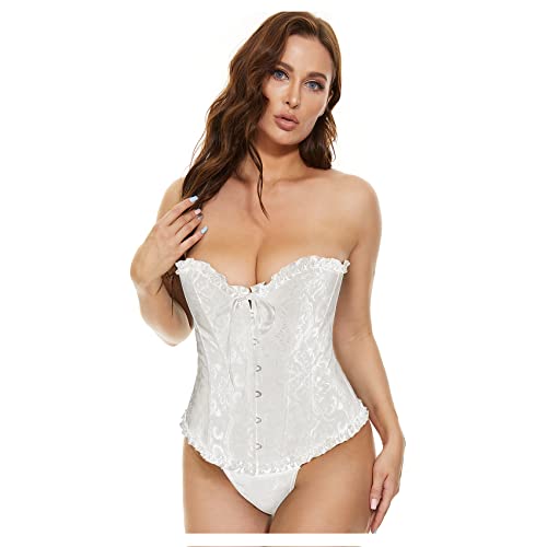 XZQTIVE Damen Bustier Korsett Spitze Up Boned Overbust Bustier Gothic Corsage Dessous Top,Weiß,L von XZQTIVE