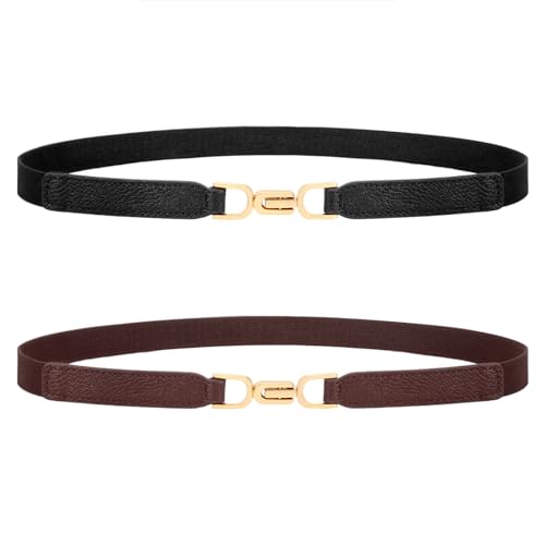 XZQTIVE Dünne Elastische Gürtel Für Frauen Schwarz Skinny Stretch Taille Gürtel Für Frauen Kleider Leder Verstellbare Gürtel Set Von 2(70CM, Schwarz + Kaffee) von XZQTIVE