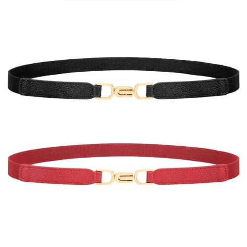 XZQTIVE Dünne Elastische Gürtel Für Frauen Schwarz Skinny Stretch Taille Gürtel Für Frauen Kleider Leder Verstellbaren Gürtel Set Von 2(70CM, Schwarz + Rot) von XZQTIVE