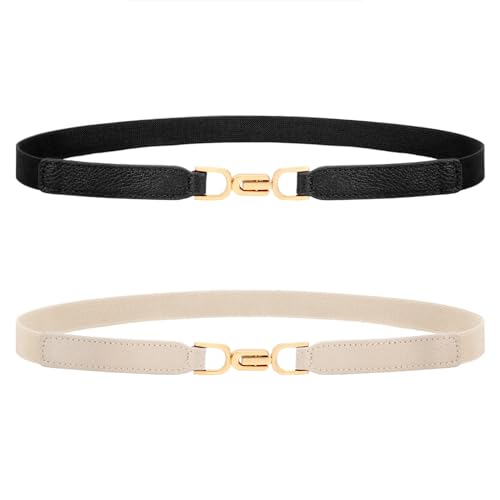 XZQTIVE Dünne Elastische Gürtel Für Frauen Schwarz Skinny Stretch Taille Gürtel Für Frauen Kleider Leder Verstellbaren Gürtel Set Von 2(80CM, Schwarz + Beige) von XZQTIVE