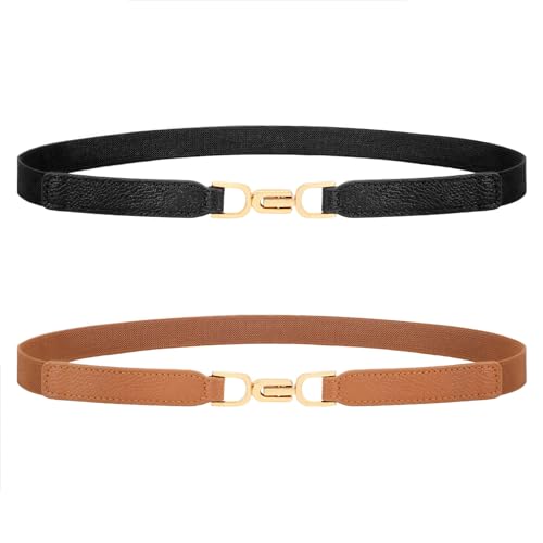 XZQTIVE Dünne Elastische Gürtel Für Frauen Schwarz Skinny Stretch Taille Gürtel Für Frauen Kleider Leder Verstellbaren Gürtel Set Von 2(90CM, Schwarz + Braun) von XZQTIVE