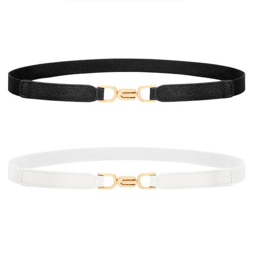 XZQTIVE Dünne Elastische Gürtel Für Frauen Schwarz Skinny Stretch Taille Gürtel Für Frauen Kleider Leder Verstellbaren Gürtel Set Von 2(90CM, Schwarz + Weiß) von XZQTIVE