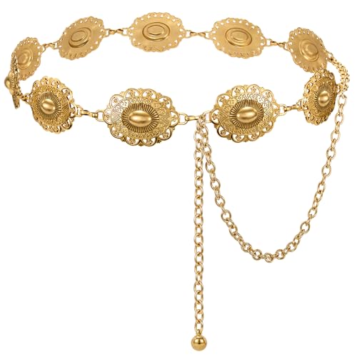 XZQTIVE Frauen Boho Kette Gürtel für Kleider Jeans Western Cowgirl Taille Links Gürtel Oval Metall Cupreous Concho Gürtel von XZQTIVE