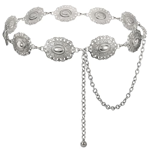 XZQTIVE Frauen Boho Kette Gürtel für Kleider Jeans Western Cowgirl Taille Links Gürtel Oval Metall Silber Concho Gürtel von XZQTIVE