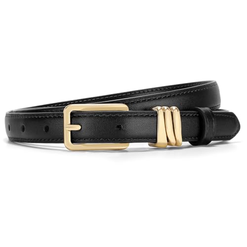XZQTIVE Frauen Skinny Ledergürtel Damen schwarz dünn Taille Gürtel für Kleider Jeans Hosen mit Goldschnalle und Metallschlaufen von XZQTIVE