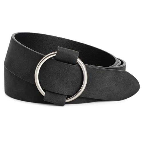 XZQTIVE Gürtel Damen Ledergürtel mit Kreis Schnalle No Pin & Hole Verstellbare Taille Gürtel für Jeans, Schwarz, Fit Taille Größe unter 105cm von XZQTIVE