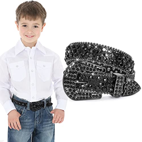 XZQTIVE Gürtel Kinder Glitzer Gürtel für Jungen Mädchen Kinder Strass Gürtel Western Cowboy Cowgirl Kindergürtel mit Diamant Kristall Taille Gürtel Bling Gürtel (Ganz Schwarz,75cm) von XZQTIVE